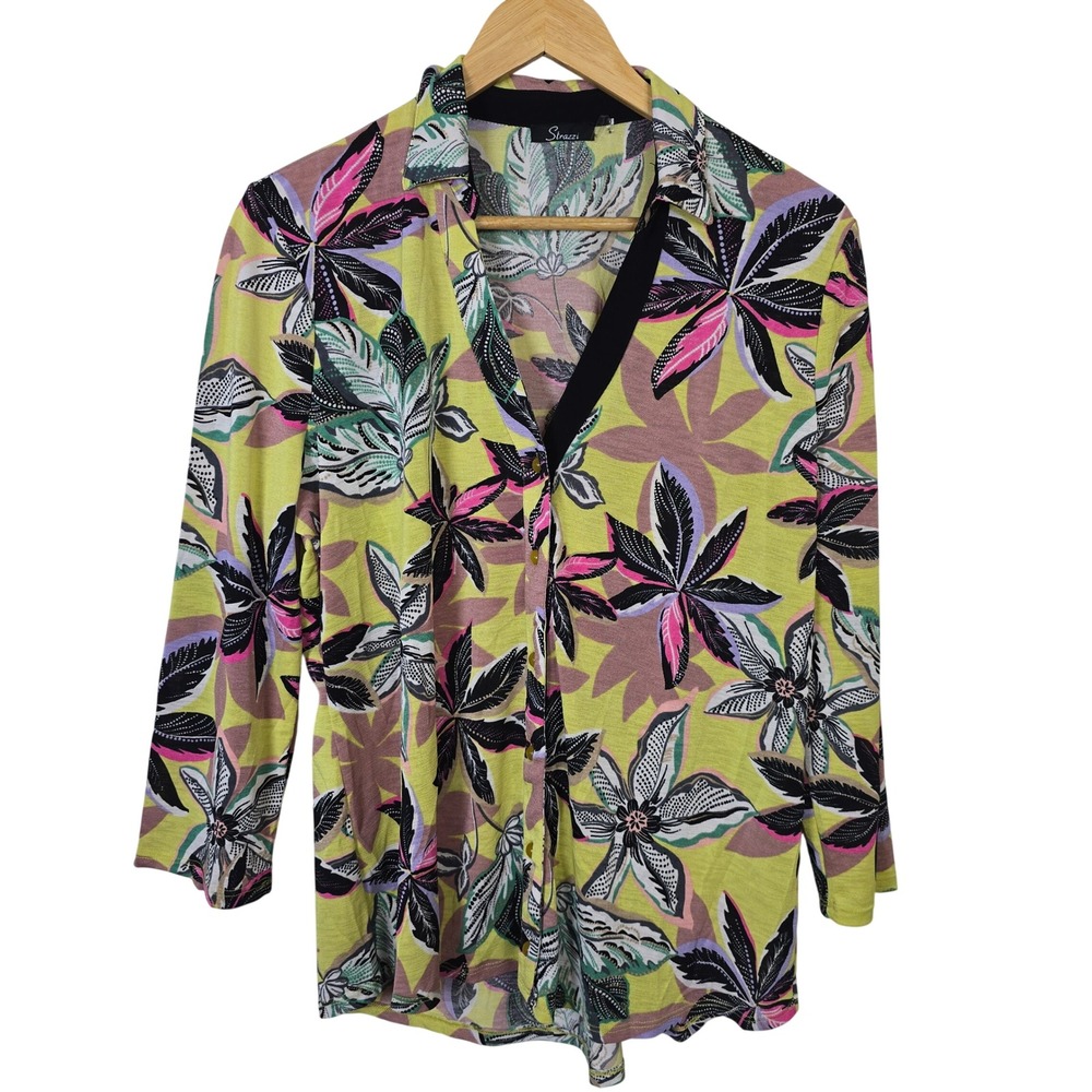 Strazzi Womens XL Lime Green Floral Palm Leaf 3/4 Sleeve Button Up Top